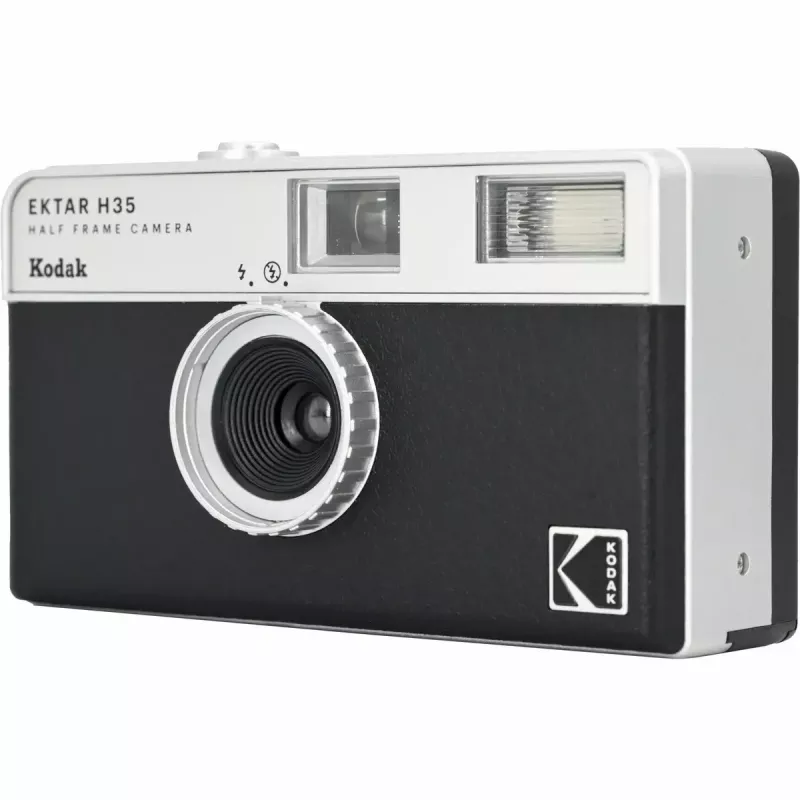 Máquina fotográfica de filme 35 mm Kodak Ektar H35 preta — máquina compacta, lente fixa, formato de filme 35 mm
