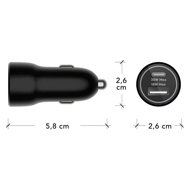 Carregador de automóvel d bramante re-charge — USB-C 30W + USB-A 18W, 12–24V, preto