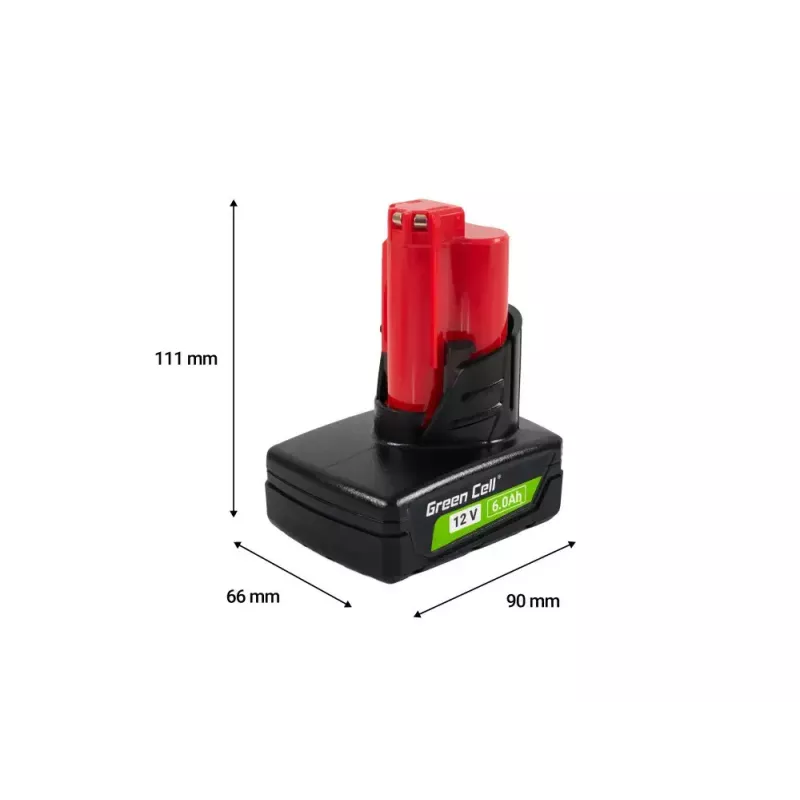 Bateria para ferramentas sem fios Green Cell PTML12V6 12V Li-Ion 6 Ah, dimensões 6,6×9×11,1 cm