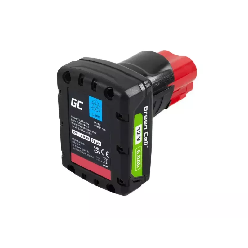 Bateria para ferramentas sem fios Green Cell PTML12V6 12V Li-Ion 6 Ah, dimensões 6,6×9×11,1 cm