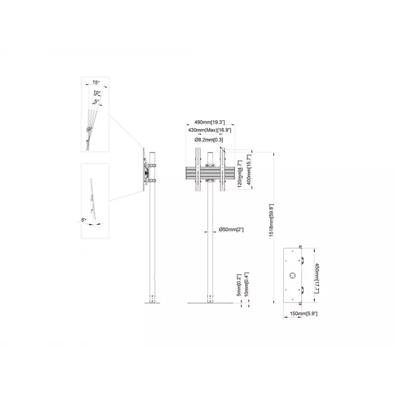 Suporte de chão MULTIBRACKETS M Single Pole Floormount Pro para ecrãs de 32″–65″, 50 kg, VESA 100×100–400×400, inclinação -6°–15°, preto