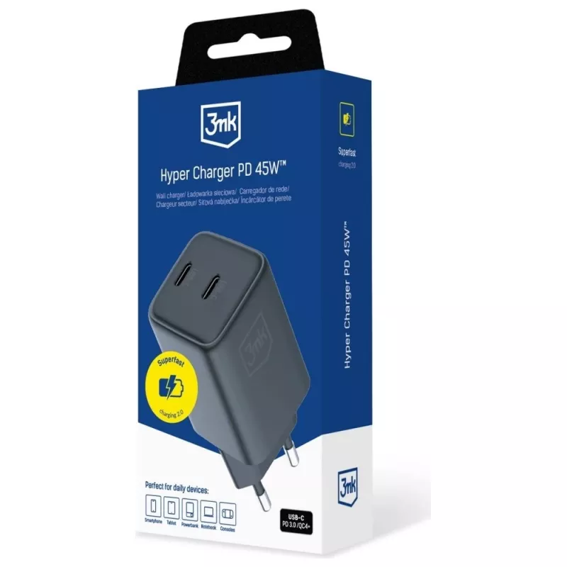 Carregador 3MK Hyper Charger PD 45W GaN QC4+ PPS — Carregador rápido USB-C PD GaN 45W