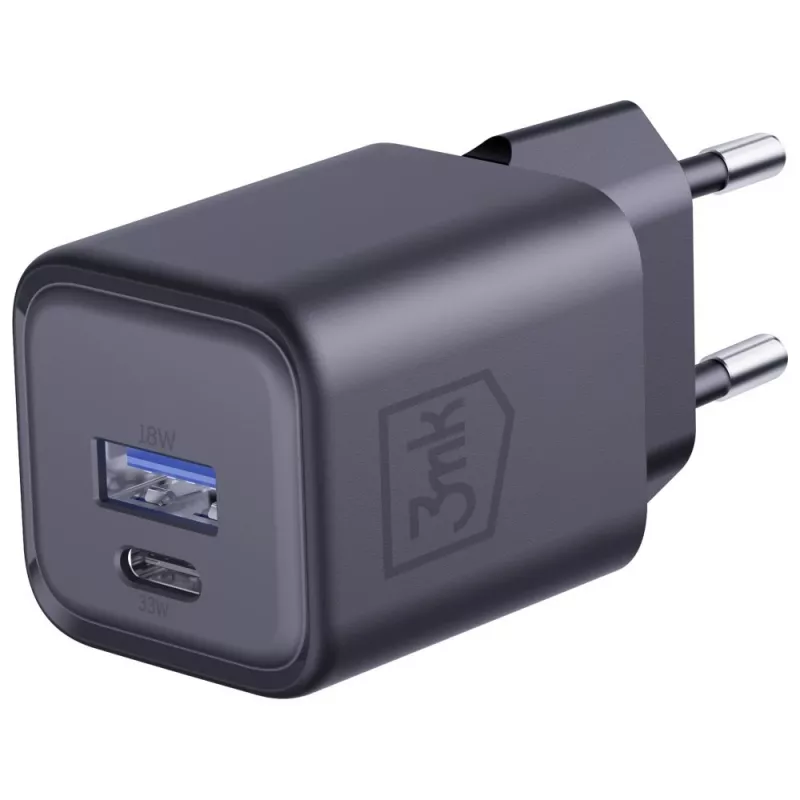 Carregador 3MK Hyper Charger PD 33W GaN QC4+ preto — Carregador rápido PD 33W com tecnologia GaN