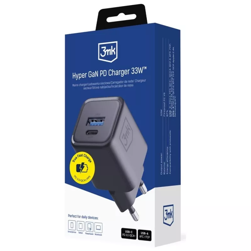 Carregador 3MK Hyper Charger PD 33W GaN QC4+ preto — Carregador rápido PD 33W com tecnologia GaN