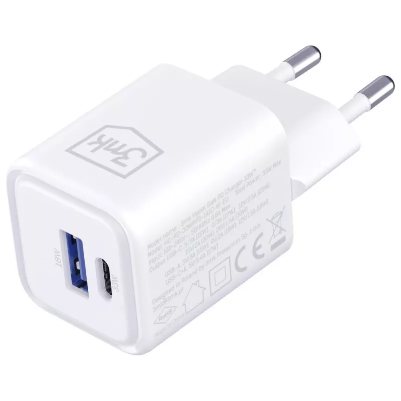 Carregador de parede 3MK Hyper Charger PD 33W GaN QC4+ branco – USB-C PD 33W, GaN, Quick Charge 4+