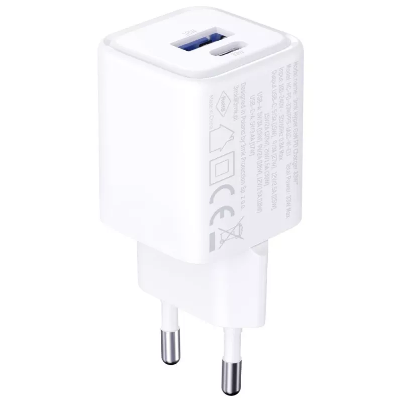 Carregador de parede 3MK Hyper Charger PD 33W GaN QC4+ branco – USB-C PD 33W, GaN, Quick Charge 4+