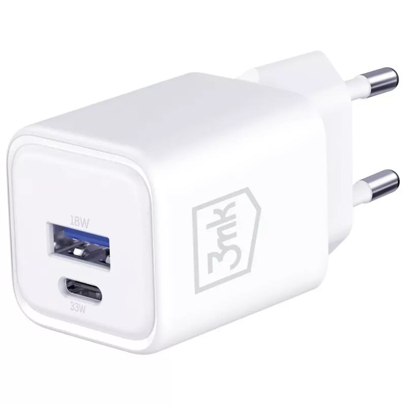Carregador de parede 3MK Hyper Charger PD 33W GaN QC4+ branco – USB-C PD 33W, GaN, Quick Charge 4+
