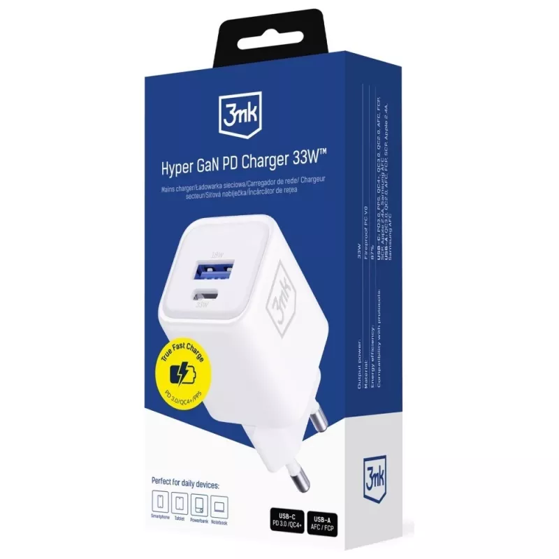 Carregador de parede 3MK Hyper Charger PD 33W GaN QC4+ branco – USB-C PD 33W, GaN, Quick Charge 4+