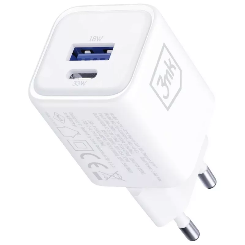 Carregador de parede 3MK Hyper Charger PD 33W GaN QC4+ branco – USB-C PD 33W, GaN, Quick Charge 4+