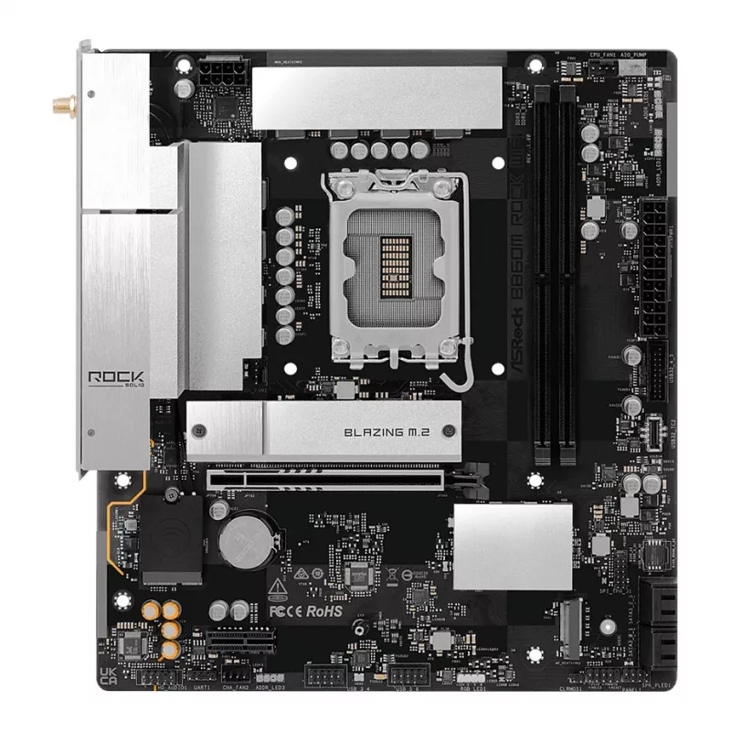 Placa-mãe ASRock B860M Rock WiFi (mATX, Intel LGA 1851, DDR5, HDMI, DisplayPort)