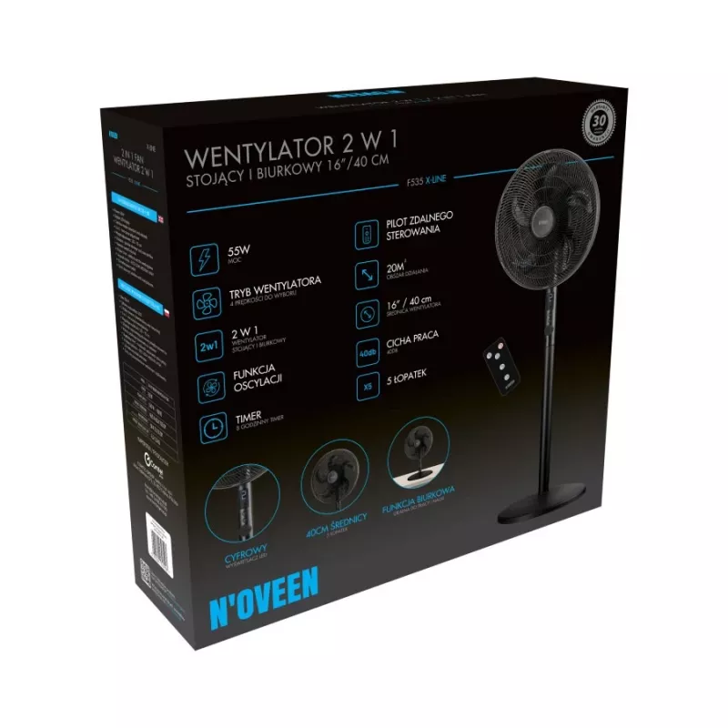 Ventilador de pé e de mesa 2-em-1 Noveen F535 X-Line, 40 cm, preto