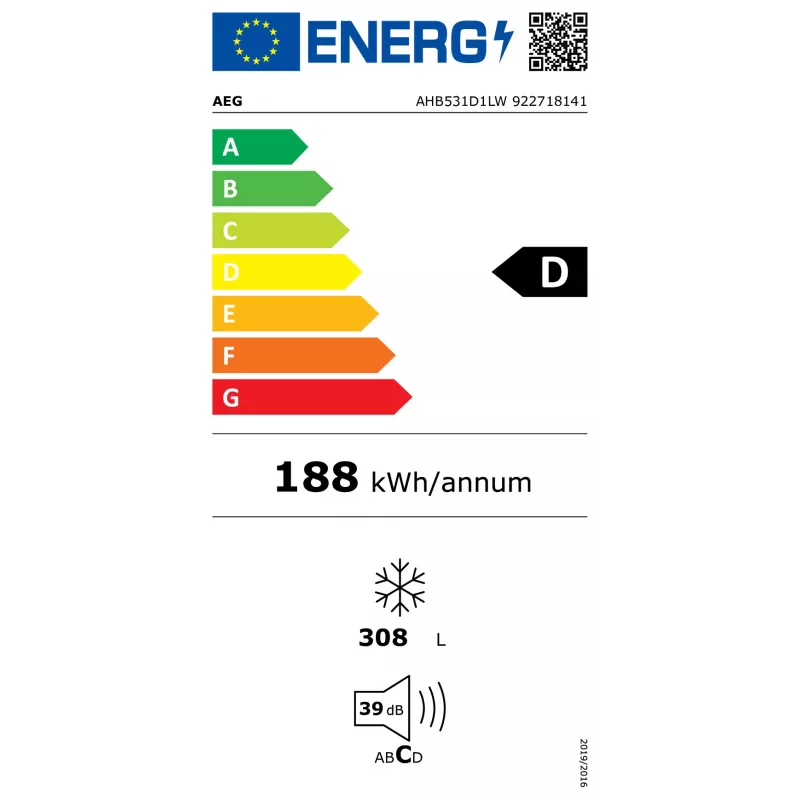Arca congeladora AEG AHB531D1LW – independente, 308 L de capacidade, 4 estrelas, 21 kg/24h de capacidade de congelação, classe de eficiência energética D, branco
