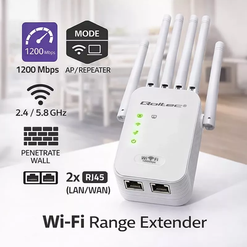 Amplificador de sinal Wi‑Fi QOLTEC AC1200 – Amplificador de sinal dual-band QOLTEC AC1200