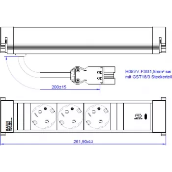Régua de tomadas Bachmann 916.506 Power Frame M, 3x Schuko, 1x USB-C 30 W, 0,2 m