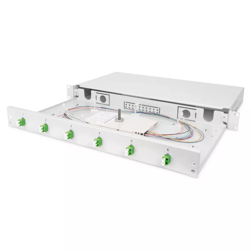 Caixa de fusão de fibra ótica DIGITUS DN-96330/9APC 1U, equipada com 6x LC-APC DX, OS2, polímero/aço, cinzento-claro