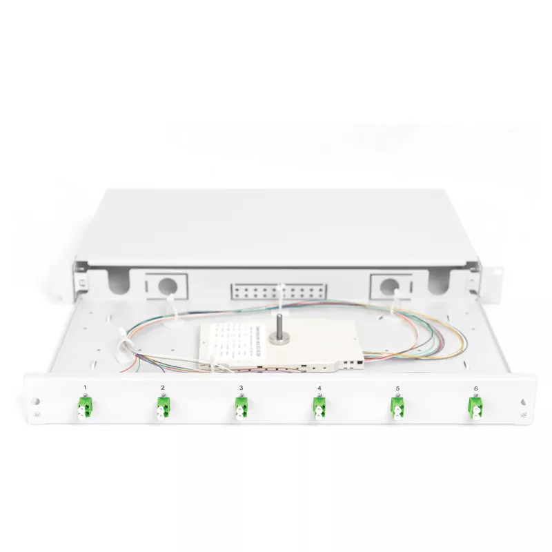 Caixa de fusão de fibra ótica DIGITUS DN-96330/9APC 1U, equipada com 6x LC-APC DX, OS2, polímero/aço, cinzento-claro