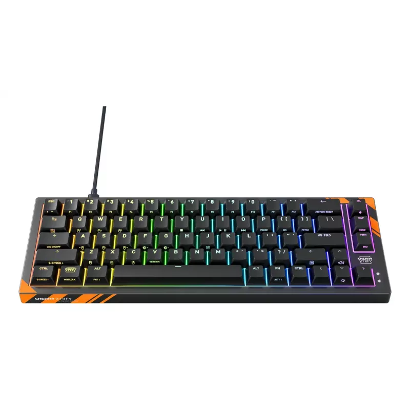 Teclado mecânico gaming Cherry K5 Pro TMR Compact — 65% QWERTY US, com fios USB, RGB, preto/laranja