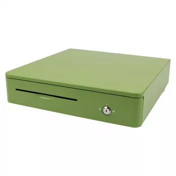 Gaveta de caixa eletrónica Olympia M405, caixa metálica, verde, 405×400×102 mm, 2 chaves