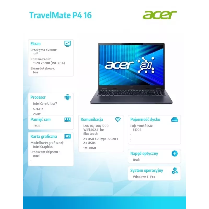Portátil Acer TravelMate P4 TMP416-54-TCO com Intel Ultra 7 255U, 16 GB RAM, 512 GB SSD, Windows 11 Pro