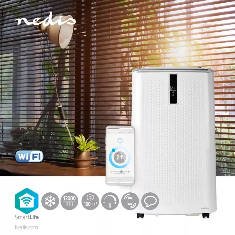 Ar condicionado portátil Nedis WIFIACMB1WT12 — Arrefecimento Classe A, ficha tipo F, ecrã LCD, branco, 62 dB