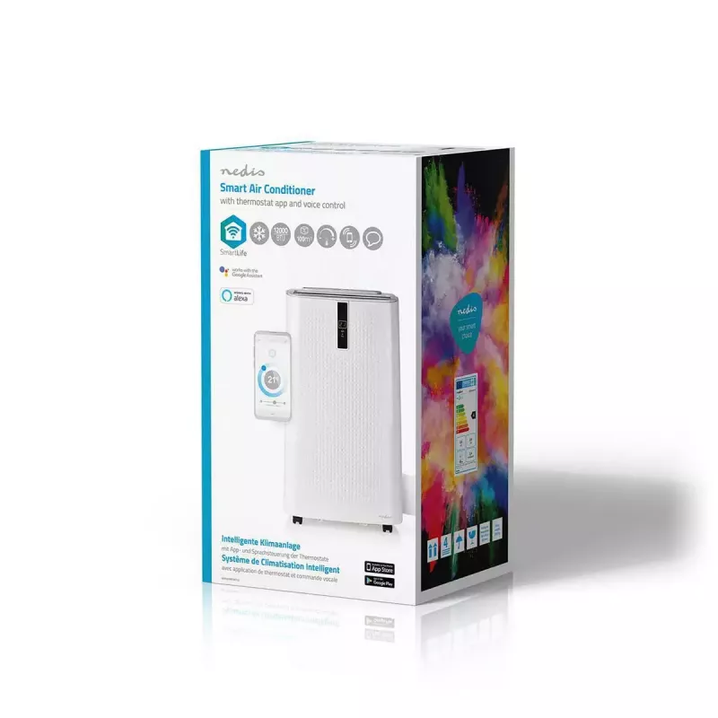 Ar condicionado portátil Nedis WIFIACMB1WT12 — Arrefecimento Classe A, ficha tipo F, ecrã LCD, branco, 62 dB