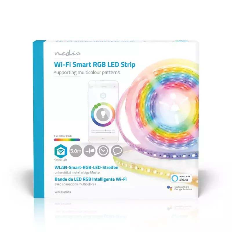 Faixa de luz inteligente Nedis WIFILS51CRGB – Wi‑Fi, RGB, 24 W, cabo de 1 m, 12 mm de largura