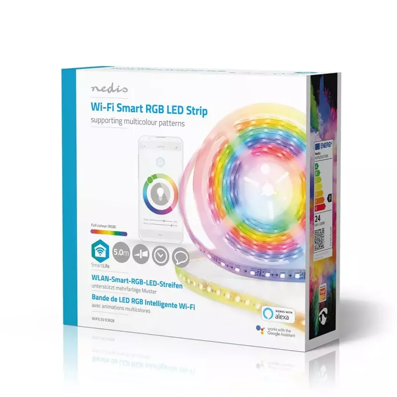 Faixa de luz inteligente Nedis WIFILS51CRGB – Wi‑Fi, RGB, 24 W, cabo de 1 m, 12 mm de largura