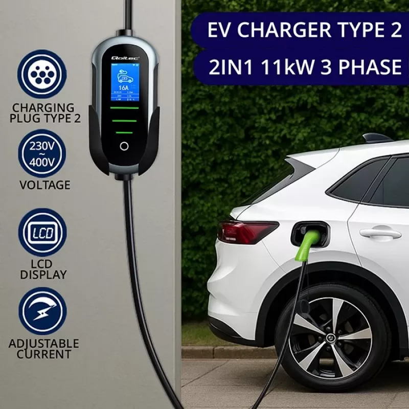 Carregador para carro elétrico QOLTEC 11 kW 400 V CEE 16 A com WiFi