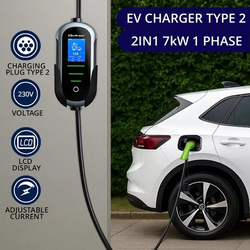 Carregador para carro elétrico de parede QOLTEC 7 kW 230V CEE 32A com Wi‑Fi e LCD (modelo 52721)
