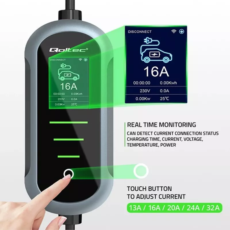 Carregador para carro elétrico de parede QOLTEC 7 kW 230V CEE 32A com Wi‑Fi e LCD (modelo 52721)
