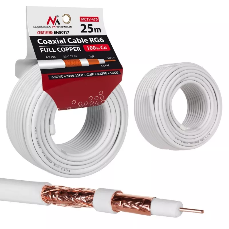 Cabo coaxial MACLEAN MCTV-470 RG-6/U 25 m, branco