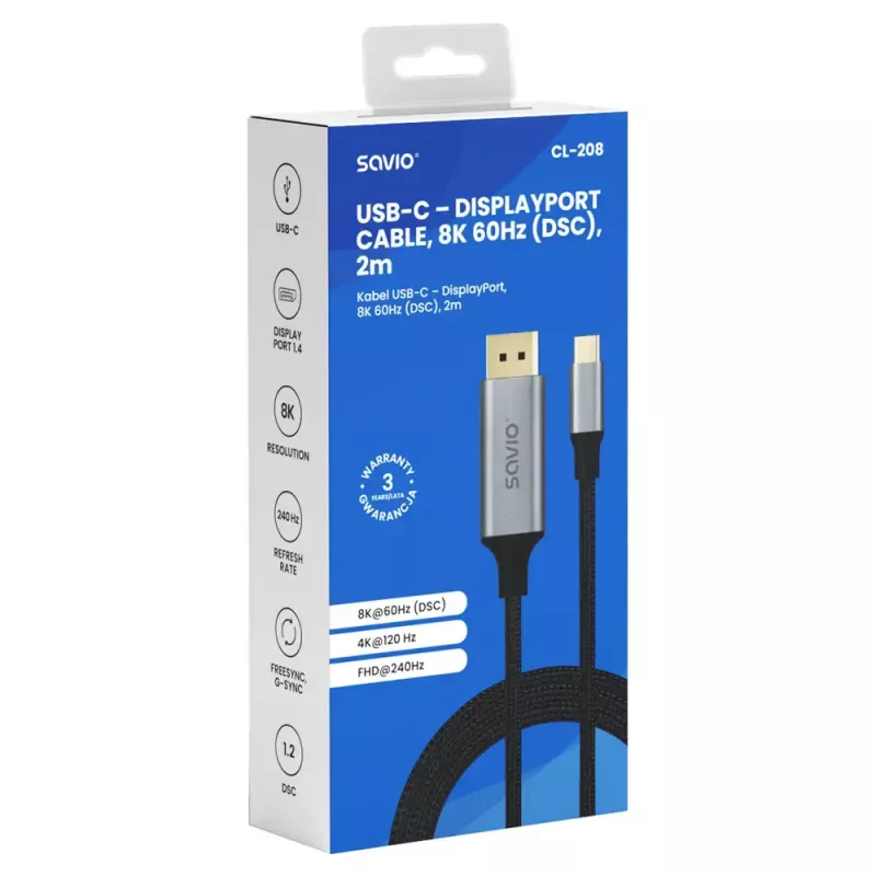 Cabo USB-C para DisplayPort SAVIO CL-208 (DisplayPort 1.2, 2 m)