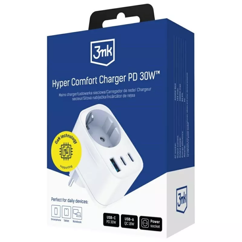 Carregador 3MK Charger Comfort GaN 30W branco – fonte de alimentação USB, saída GaN 30W