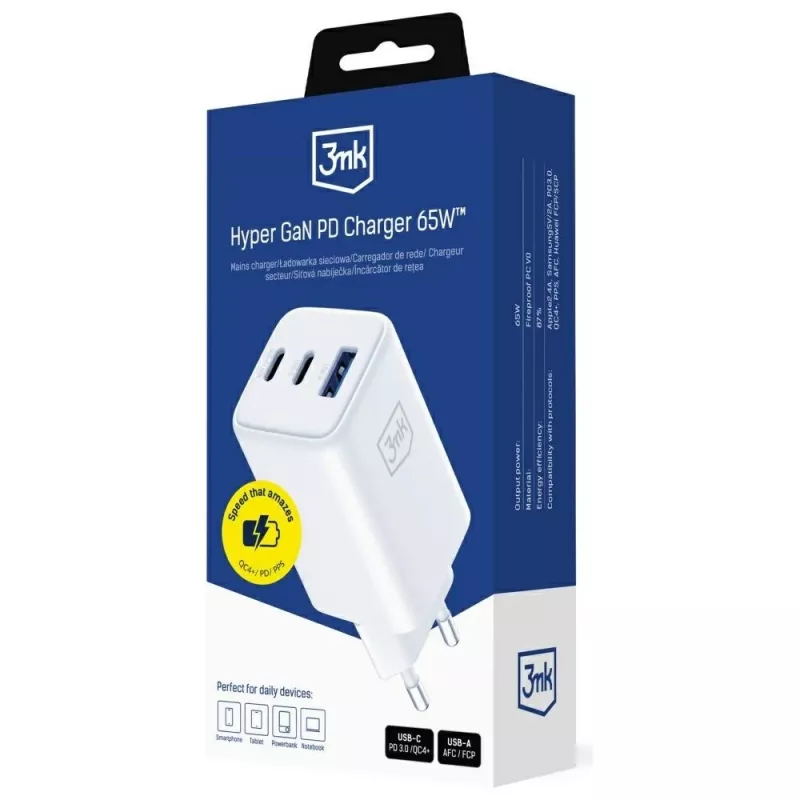 Carregador 3MK Charger Hyper GaN 65W QC4+ — carregador rápido USB GaN 65W com suporte QC4+