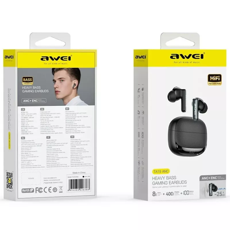Auscultadores Bluetooth Awei Modelo ANC TA19 TWS com cancelamento ativo de ruído, True Wireless Stereo, conectividade Bluetooth