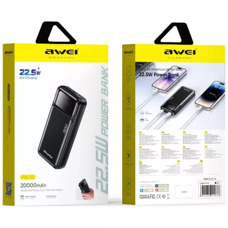 Powerbank Awei PA-92 20000mAh 22,5 W PD com 2x conectores USB-C