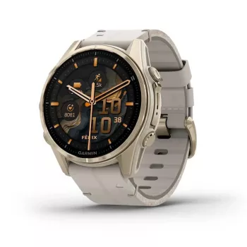 Smartwatch GARMIN Fenix 8 43 mm, 1,3 polegadas AMOLED 416×416, ecrã tátil, Wi‑Fi, GPS, 32 GB, caixa dourada, bracelete de pele cinzento