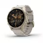 Smartwatch GARMIN Fenix 8 43 mm, 1,3 polegadas AMOLED 416×416, ecrã tátil, Wi‑Fi, GPS, 32 GB, caixa dourada, bracelete de pele cinzento