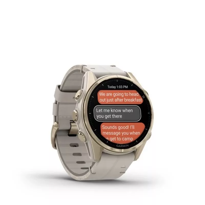 Smartwatch GARMIN Fenix 8 43 mm, 1,3 polegadas AMOLED 416×416, ecrã tátil, Wi‑Fi, GPS, 32 GB, caixa dourada, bracelete de pele cinzento