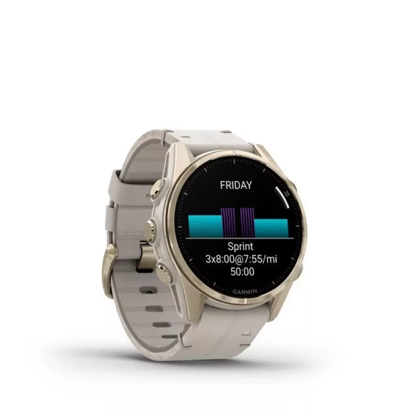 Smartwatch GARMIN Fenix 8 43 mm, 1,3 polegadas AMOLED 416×416, ecrã tátil, Wi‑Fi, GPS, 32 GB, caixa dourada, bracelete de pele cinzento