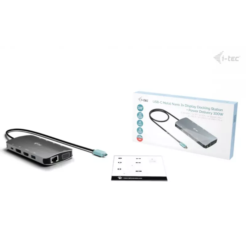 Docking station ITEC i-tec USB-C Metal Nano 3x Display (DP, HDMI, VGA) com Power Delivery 100 W, 4x USB-A, Gigabit Ethernet