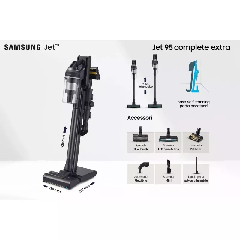 Aspirador vertical Samsung VS20C9554TK — bateria de iões de lítio, 580 W, sem saco 0,8 l, ciclone, preto