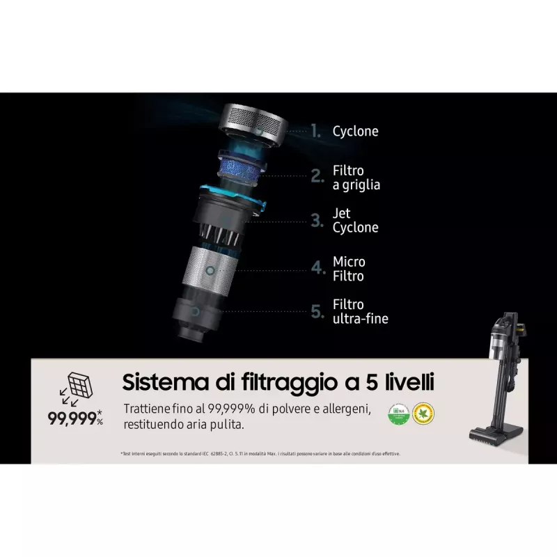 Aspirador vertical Samsung VS20C9554TK — bateria de iões de lítio, 580 W, sem saco 0,8 l, ciclone, preto