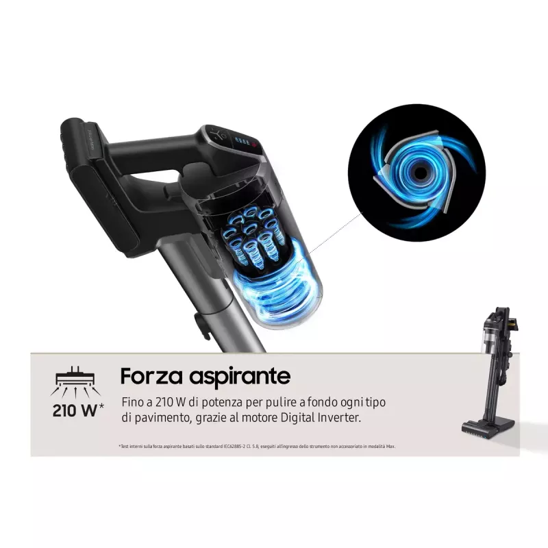 Aspirador vertical Samsung VS20C9554TK — bateria de iões de lítio, 580 W, sem saco 0,8 l, ciclone, preto