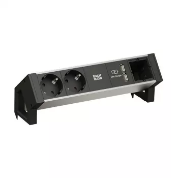 BACHMANN DESK2 ALU preto 2x tomada com contacto de proteção 1x carregador USB 1x ABD GST18