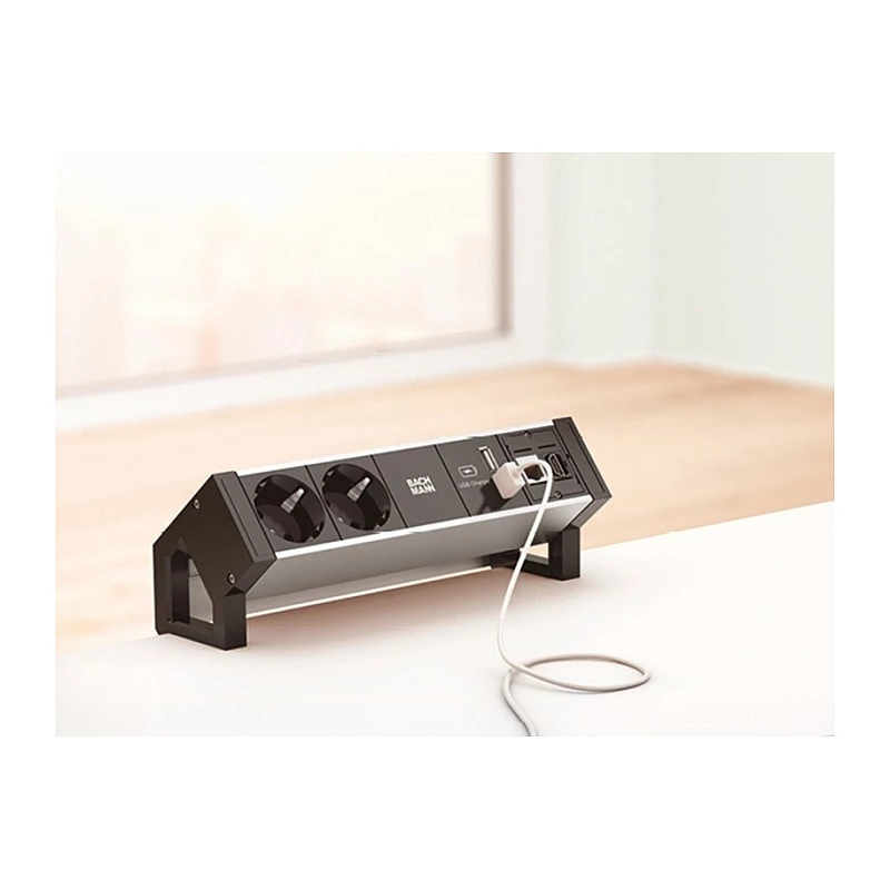 BACHMANN DESK2 ALU preto 2x tomada com contacto de proteção 1x carregador USB 1x ABD GST18