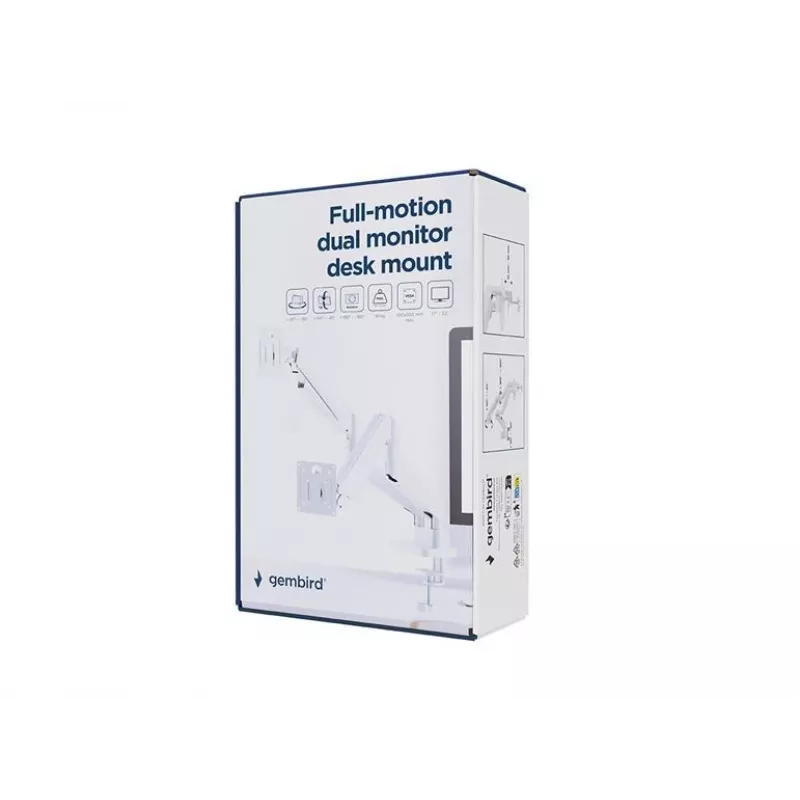 Suporte para monitor GEMBIRD MA-DA2-06-W para ecrãs de 17–32 polegadas, montagem por aperto/calha de mesa, branco