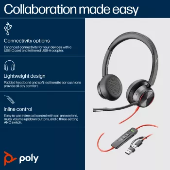 Auscultador com microfone HP Poly Blackwire 8225 USB-C, com fios, escritório/call center, 185 g, auscultador com microfone, preto