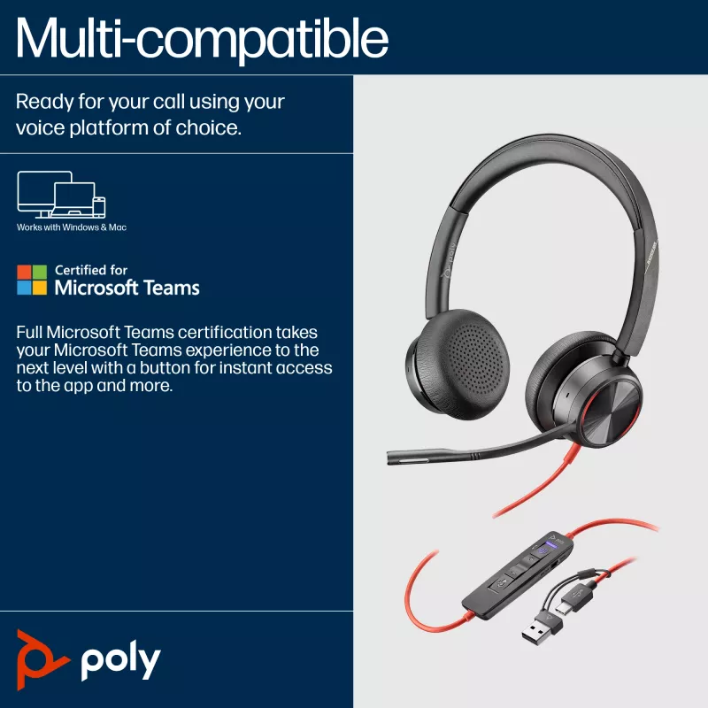Auscultador com microfone HP Poly Blackwire 8225 USB-C, com fios, escritório/call center, 185 g, auscultador com microfone, preto
