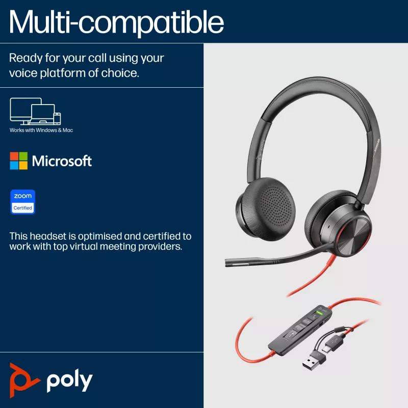 Auscultador com microfone HP Poly Blackwire 8225 USB-C, com fios, escritório/call center, 185 g, auscultador com microfone, preto